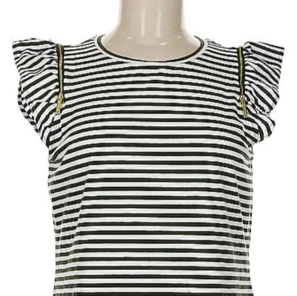 Michael Kors Olive & White Striped Dress XS Gold Shoulder Zippers 🚢 - Picture 2 of 9